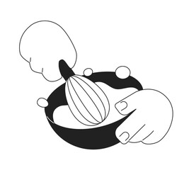 Poster - Hand hold bowl and mix dough flat monochrome flat vector object. Whipping cream with whisk. Editable black and white thin line icon. Simple cartoon clip art spot illustration for web graphic design