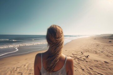 Back view, Woman on beach in summer by generative ai