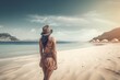© dhiyaeddine - Back view, Woman on beach in summer by generative ai