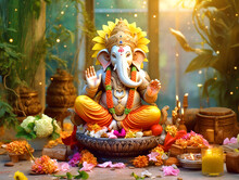 Illustration Of Lord Ganesha Sculpture With Decorative Elements - Ai Generative
