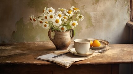 Wall Mural - still life with coffee and flowers