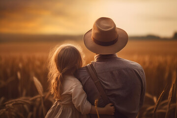 Father in a hat and little daughter are sitting hugging on the field at sunset, view from the back.