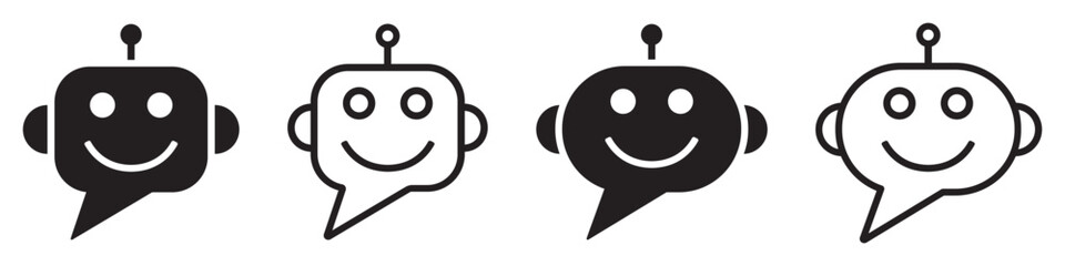 Set of chat bot icon. Robot, support bot, service online support, smiling robot. Chat bot for customer service, virtual assistant. Artificial intelligence robot. Vector illustration.