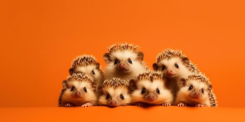 Wall Mural - Group of funny hedgehogs on orange background, concept of Cute woodland creatures, created with Generative AI technology