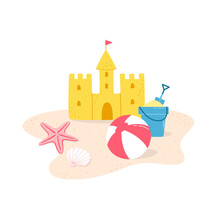 Sand Castle Surrounded By A Bucket With Spatula, Ball, Starfish And Seashell. Summer Beach Entertainment For Children. Vector Illustration In Flat Style On A White Background.