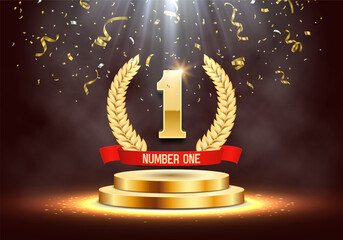 winner award. number one. golden laurel wreath and red ribbon on podium with falling confetti. vecto