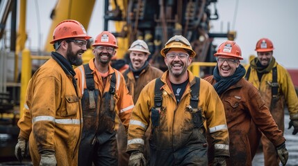 Generative AI group of offshore oil rig worker wearing personal protective equipment 