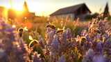 Fototapeta Tęcza - bee and butterfly on wild field floral sunny field meadow ,daisies, cornflowers,lavender ,poppy flowers and old village on horison at summer morning ,sunset sky,generated ai