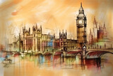 Fototapeta Big Ben - Watercolor style painting / sketch of London