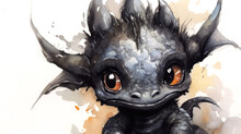 Illustration Black Baby Dragon On A White Background. AI Generation