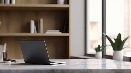 Poster - modern office workspace with laptop on table for business. copy space available