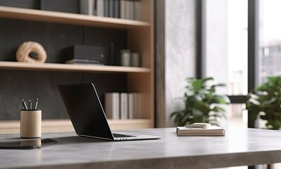 Poster - modern office workspace with laptop on table for business. copy space available