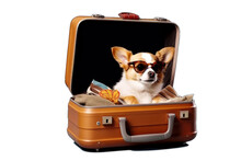 Fun Corgi Puppy Dog With Sunglasses Sitting In A Suitcaseillustration On A Transparent Background. Generative AI.