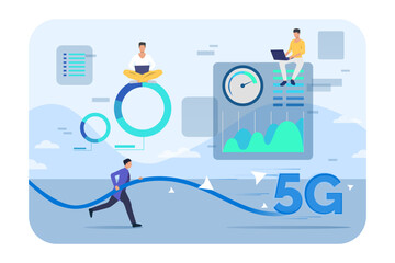 Aufkleber - Tiny tech people with 5G elements vector illustration. Cartoon drawing of men with high speed network, futuristic cyberspace. Future, modern technology, internet, telecommunication concept