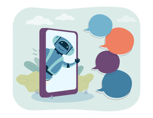 Aufkleber - Cute comic robot waving out of phone screen vector illustration. Chatbot with blank speech bubbles, functions or abilities of AI. Communication, assistance, artificial intelligence, technology concept