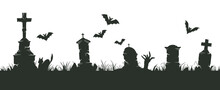 Graveyard Silhouette Border. Halloween Spooky Cemetery Silhouettes, Spooky Halloween Decoration With Scary Trees And Gravestones Flat Vector Illustration