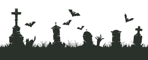Wall Mural - Graveyard silhouette border. Halloween spooky cemetery silhouettes, spooky halloween decoration with scary trees and gravestones flat vector illustration