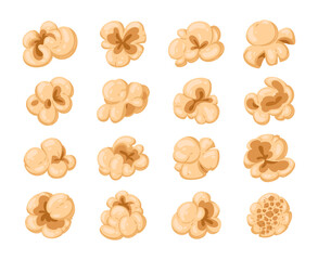 Sticker - Popping corn set. Cartoon popcorn with salty or sweet flavour, movie watching snack, tasty popcorn shapes flat vector illustration collection