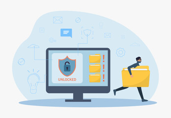 Aufkleber - Tiny hacker running away from computer with stolen files. Monitor with unlocked data on screen, criminal holding folder with documents vector illustration. Cybersecurity, safety, internet concept