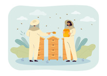 Happy Beekeepers Collecting Honey Vector Illustration. Cartoon Drawing Of People Growing Bees In Wooden Beehives For Product Profit, Species In Danger. Beekeeping, Nature, Apiculture, Ecology Concept