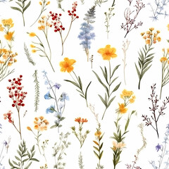 Wall Mural - Floral seamless pattern with abstract wildflowers, plants and delicate branches, watercolor isolated on white background for textile. Generative ai.