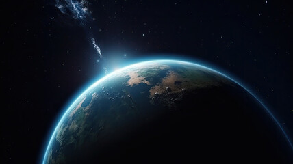space planet earth surface with blue atmosfera around and light peeking out. universe science astron