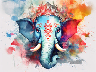 Wall Mural - Lord Ganesha face illustration in watercolor effect - ai generative