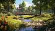 小川にかかる木の橋とのどかな田舎の風景　Generative AI