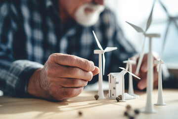 An engineer with a models of a wind turbine. Sustainable green energy. Green energy and environmental concept. Generative AI