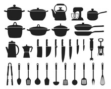 Big Set Of Kitchen Utensils, Silhouette. Pots, Frying Pans, Ladle, Kettle, Coffee Maker, Mixer, Blender, Knives. Icons, Vector