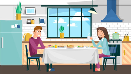 Wall Mural - A happy young couple eating breakfast together at the kitchen table. The romantic morning of a man and a woman. Having lunch together at home in Scandinavian interior. Cartoon vector illustration.