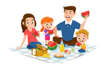 A Happy Family With Children On A Picnic Isolated On White Background. Cartoon Characters Of A Young Couple With Kids Sitting On A Blanket And Eating Watermelon On A Weekend Trip. Vector Illustration