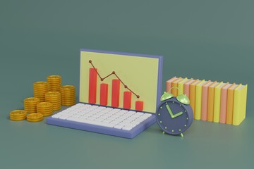 3D rendering laptop computer with decending bar graph. Busiess financial concept.