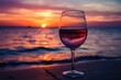  glass of wine sitting on the beach at colorful sunset. Generative AI