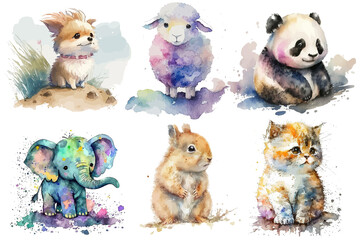 Sticker - Safari Animal set cat, panda, sheep, dog, squirrel and elephant in watercolor style. Isolated vector illustration