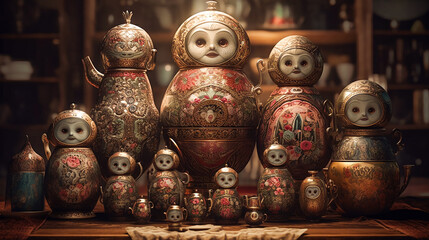 Wall Mural - Contemporary and Modern Family of Matryoshka Dolls with intricate details and craftsmanship.