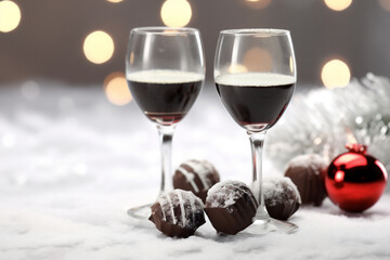 Wall Mural - Christmas and New Year snow holidays background, winter season, glasses of wine, champagne and black chocolate candies, toasting on new year's night snow covering table, with fireworks. AI generative