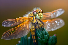 Close-up Macro Shot Of A Dragonfly, Close-up Dragonfly In Dew Drops, Generative Ai