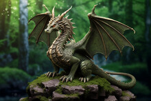 A Forest Dragon With Wings Sits On A Stone In Green Forests.ai Generative