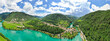 Aerial drone view of Most na Soci town in Slovenia and Soca river