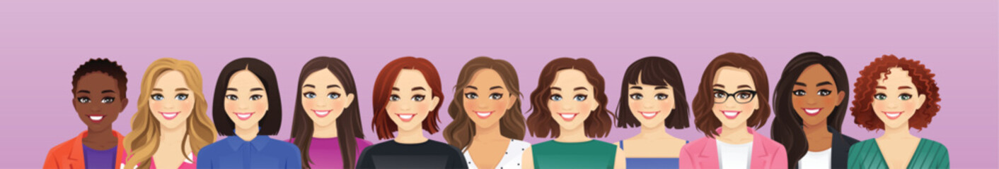 Wall Mural - Portrait of multicultural multiethnic group of different casual and business women isolated on purple background vector illustration