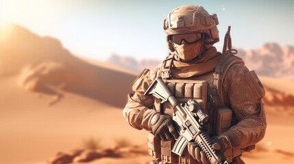 A armed soldier standing in a desert