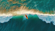 The View From Drone Above A Surfer Is Surfing On A Surfboard