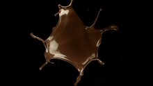 Super Slow Motion Of Hot Chocolate Splash On Black Background. Filmed On High Speed Cinema Camera, 1000fps. Speed Ramp Effect.