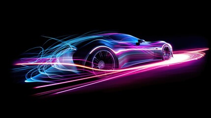 Wall Mural - Neon glowing sport car on a night road. Generative AI. Illustration for banner, poster, cover or presentation.