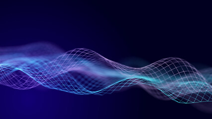 Poster - Abstract background grid. Data stream. Futuristic blue particle wave. 3d rendering.