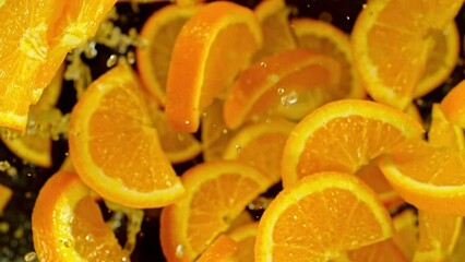 Fototapete - Super slow motion of flying orange slices with water on black background. Filmed on high speed cinema camera, 1000 fps. Camera placed on high speed cine bot, tracking the object.