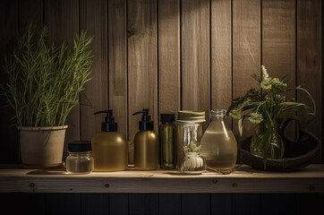 Spa set with essential oil bottles on wooden background. Generative AI