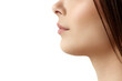 © master1305 - Close-up cropped profile image of female face part, chin, lips and nose over white studio background. Double chin surgery. Concept of natural female beauty, body and skincare, cosmetology, health, ad
