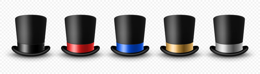 Vector 3d Realistic Black Top Hat Icon Set with Different Color Ribbon Closeup Isolated. Classic Retro Vintage Top Hat Collection, Vintage Gentlemans Mens Hats, Front View